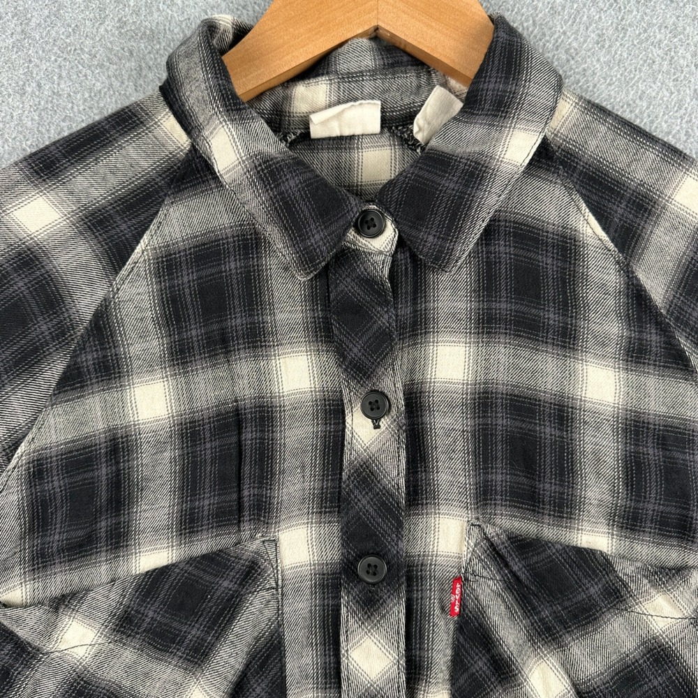 Levi Button Up Shirt Womens XS Black White Plaid Flannel Long Sleeve Raglan
